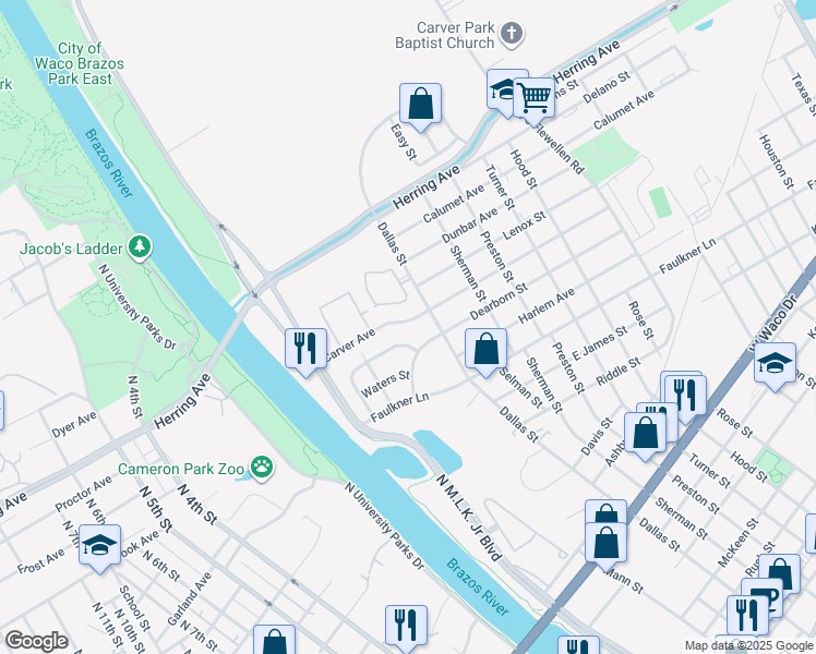 map of restaurants, bars, coffee shops, grocery stores, and more near 400 Dearborn Street in Waco