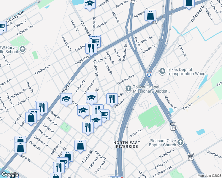 map of restaurants, bars, coffee shops, grocery stores, and more near 204 Elizabeth Street in Waco