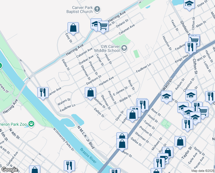 map of restaurants, bars, coffee shops, grocery stores, and more near 1213 Preston Street in Waco
