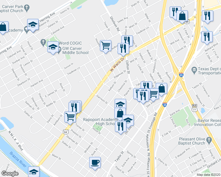 map of restaurants, bars, coffee shops, grocery stores, and more near 1199 Kellum Street in Waco