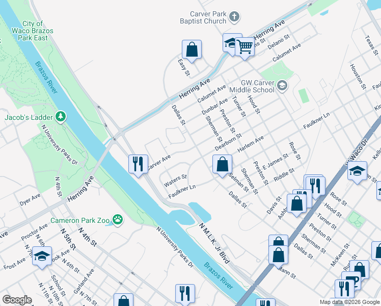 map of restaurants, bars, coffee shops, grocery stores, and more near 400 Dearborn Street in Waco