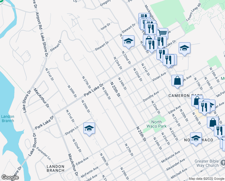 map of restaurants, bars, coffee shops, grocery stores, and more near 3633 North 26th Street in Waco