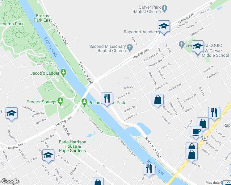 map of restaurants, bars, coffee shops, grocery stores, and more near 1725 North Martin Luther King Junior Boulevard in Waco
