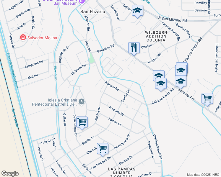 map of restaurants, bars, coffee shops, grocery stores, and more near 13131 Sylvia Andrea Drive in San Elizario