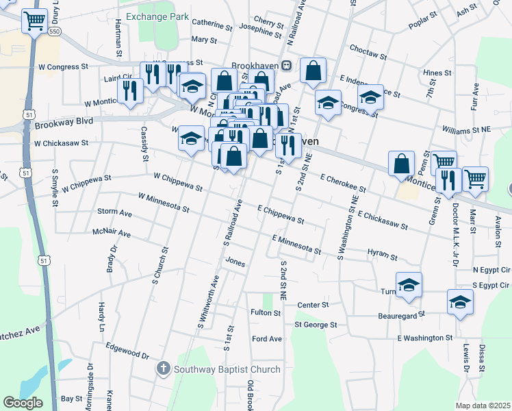 map of restaurants, bars, coffee shops, grocery stores, and more near 400-498 S 1st St NE in Brookhaven