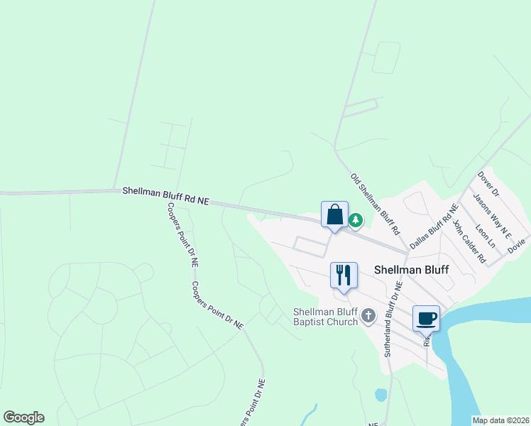 map of restaurants, bars, coffee shops, grocery stores, and more near 1038 Basswood Drive Northeast in Townsend