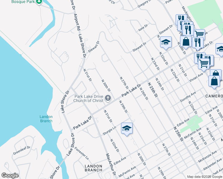 map of restaurants, bars, coffee shops, grocery stores, and more near 3824 North 30th Street in Waco