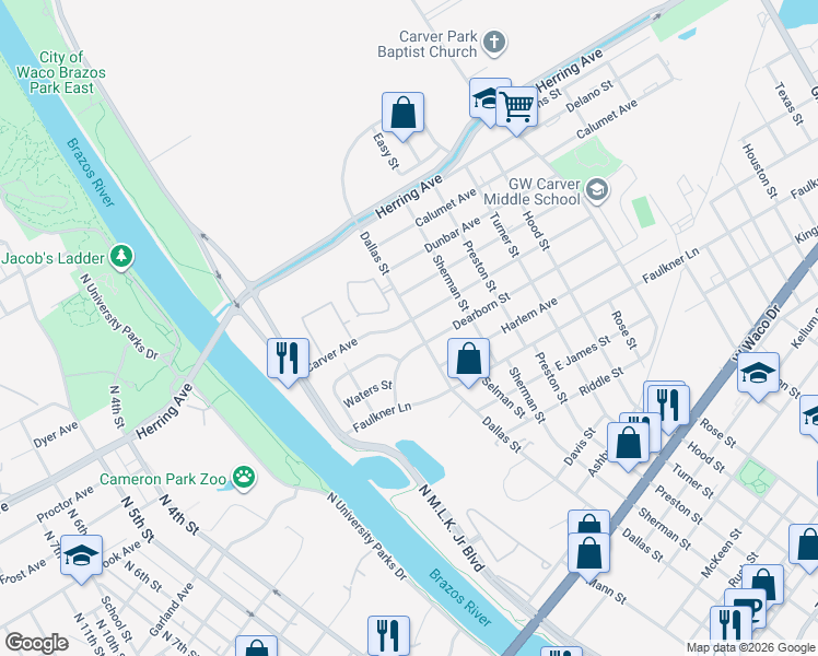 map of restaurants, bars, coffee shops, grocery stores, and more near 400 Dearborn Street in Waco
