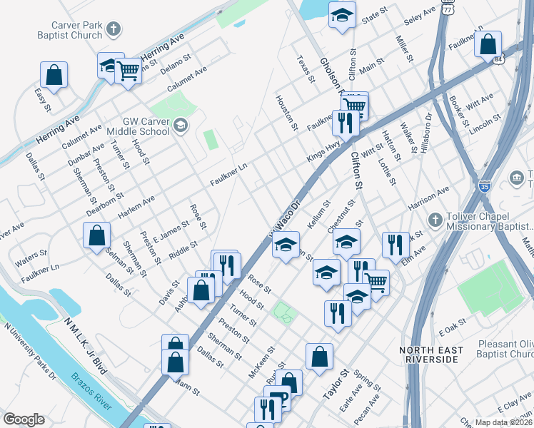 map of restaurants, bars, coffee shops, grocery stores, and more near 803 Garrison Street in Waco