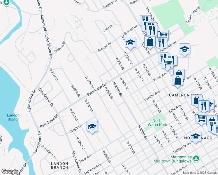 map of restaurants, bars, coffee shops, grocery stores, and more near 2525 Park Lake Drive in Waco
