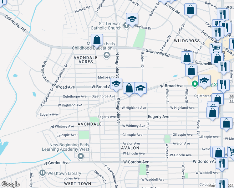 map of restaurants, bars, coffee shops, grocery stores, and more near 109 North Magnolia Street in Albany