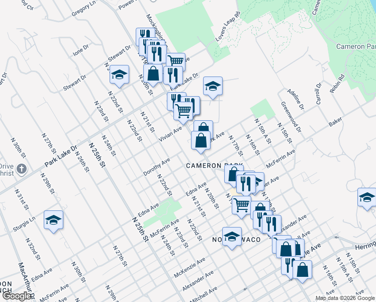 map of restaurants, bars, coffee shops, grocery stores, and more near 3521 North 20th Street in Waco
