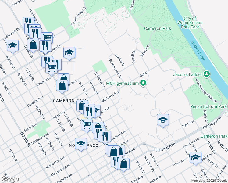 map of restaurants, bars, coffee shops, grocery stores, and more near 1508 Bryan Avenue in Waco