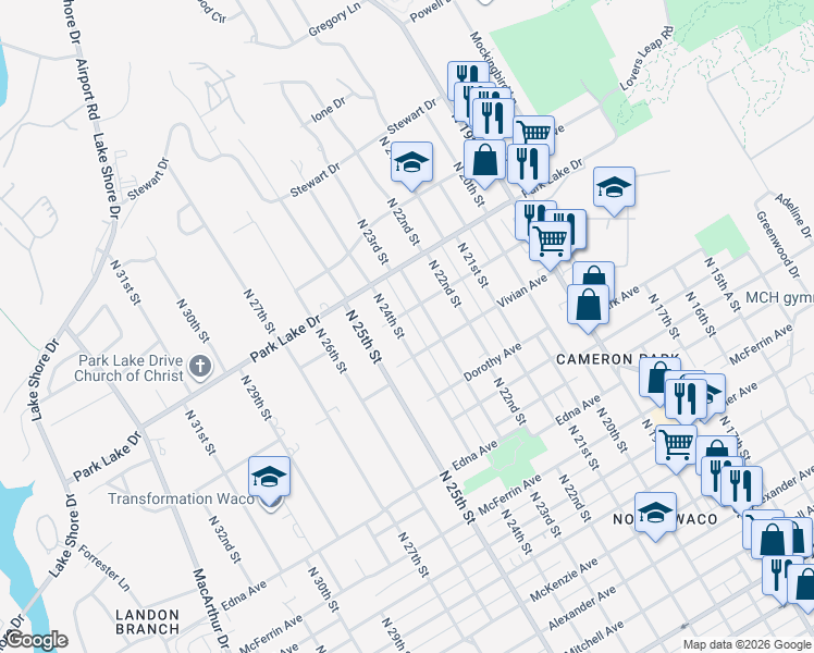 map of restaurants, bars, coffee shops, grocery stores, and more near 3625 North 24th Street in Waco