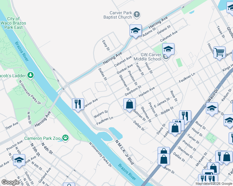map of restaurants, bars, coffee shops, grocery stores, and more near 528 Carver Avenue in Waco