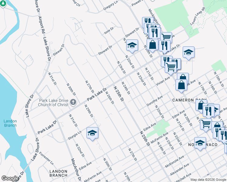 map of restaurants, bars, coffee shops, grocery stores, and more near 3727 North 25th Street in Waco