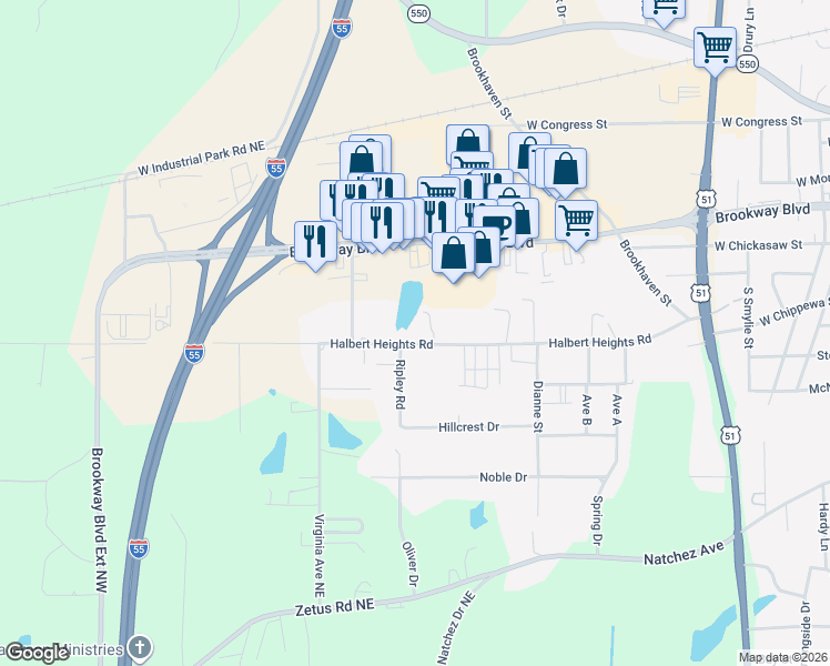 map of restaurants, bars, coffee shops, grocery stores, and more near 901-999 Halbert Heights Road in Brookhaven