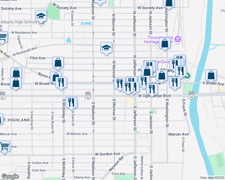 map of restaurants, bars, coffee shops, grocery stores, and more near 109 South Monroe Street in Albany