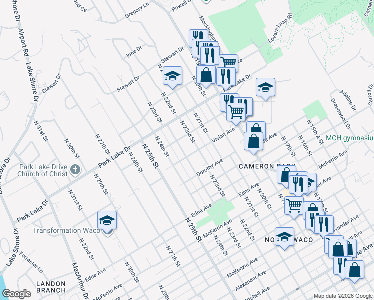 map of restaurants, bars, coffee shops, grocery stores, and more near 3625 North 23rd Street in Waco