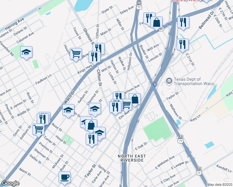 map of restaurants, bars, coffee shops, grocery stores, and more near 312 Lottie Street in Waco