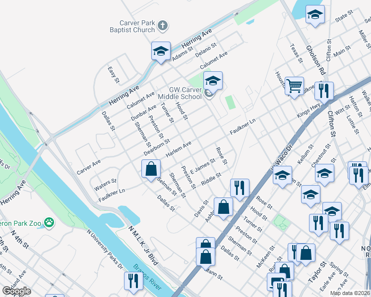 map of restaurants, bars, coffee shops, grocery stores, and more near 729 Harlem Avenue in Waco