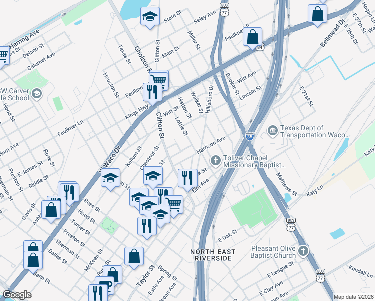 map of restaurants, bars, coffee shops, grocery stores, and more near 312 Lottie Street in Waco