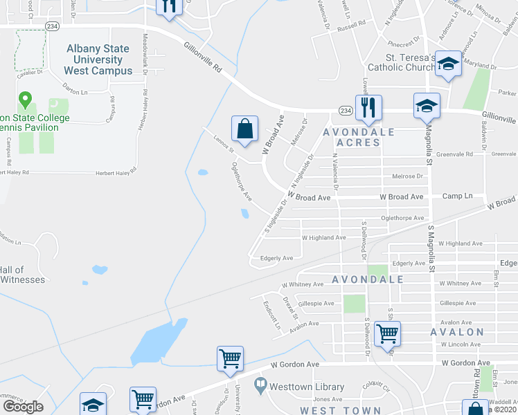 map of restaurants, bars, coffee shops, grocery stores, and more near 2025 Oglethorpe Avenue in Albany
