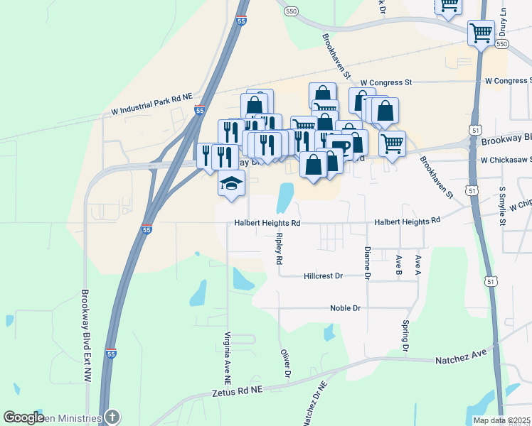 map of restaurants, bars, coffee shops, grocery stores, and more near 800 Magee Drive in Brookhaven