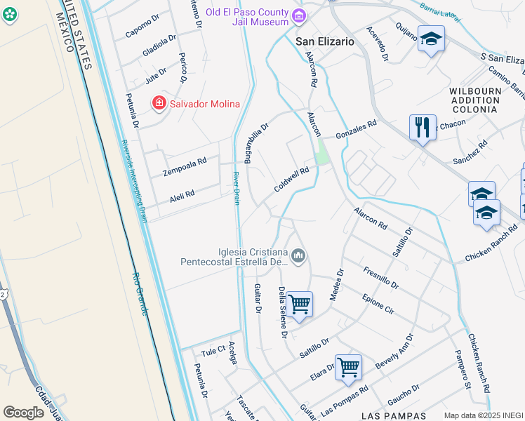 map of restaurants, bars, coffee shops, grocery stores, and more near 13149 Coldwell Road in San Elizario