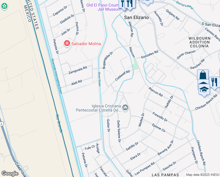 map of restaurants, bars, coffee shops, grocery stores, and more near 13149 Coldwell Road in San Elizario