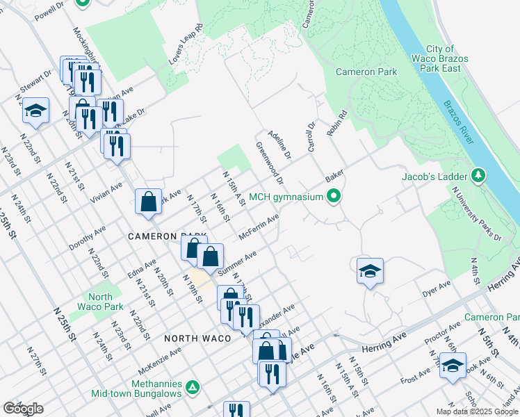 map of restaurants, bars, coffee shops, grocery stores, and more near 1508 Bryan Avenue in Waco