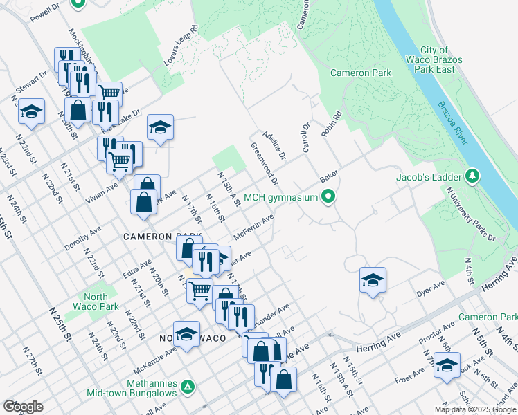 map of restaurants, bars, coffee shops, grocery stores, and more near 1508 Bryan Avenue in Waco