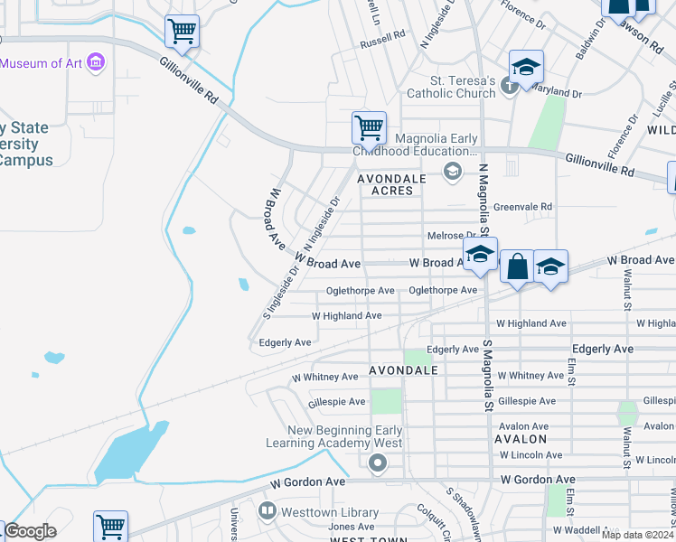 map of restaurants, bars, coffee shops, grocery stores, and more near 1908 West Broad Avenue in Albany