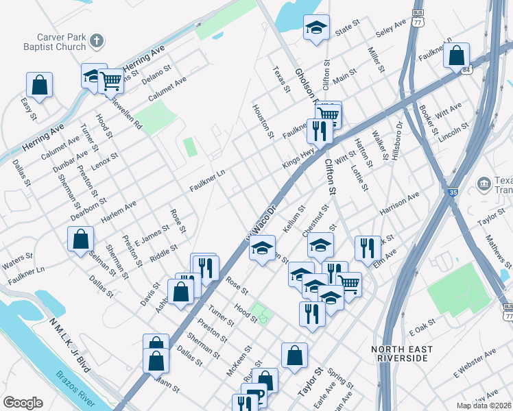map of restaurants, bars, coffee shops, grocery stores, and more near 817 Hubert Street in Waco