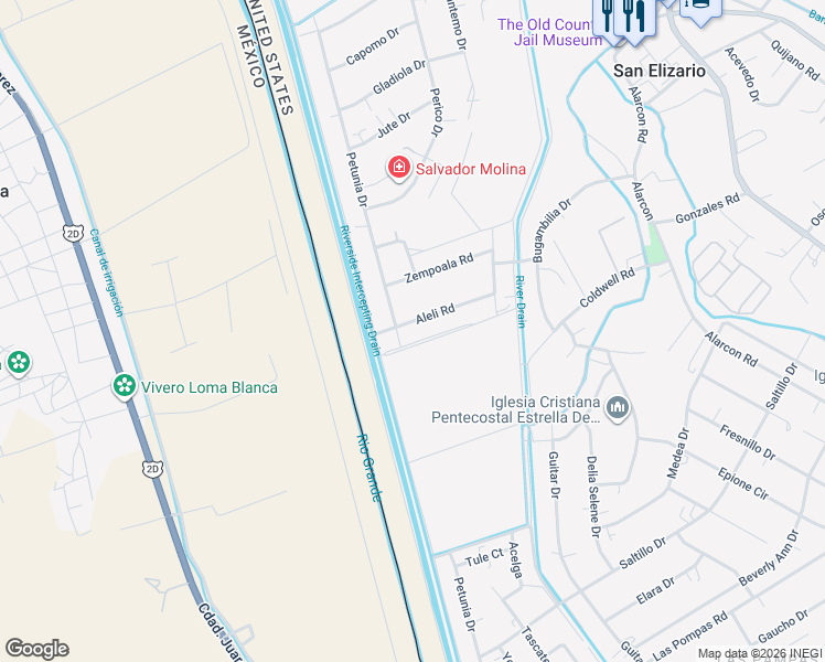 map of restaurants, bars, coffee shops, grocery stores, and more near 1360 Aleli Road in San Elizario