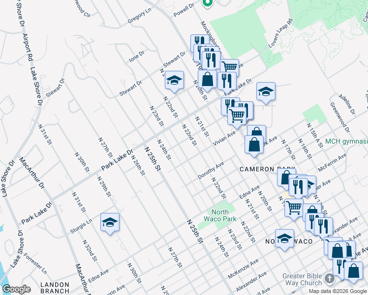 map of restaurants, bars, coffee shops, grocery stores, and more near 3625 North 23rd Street in Waco
