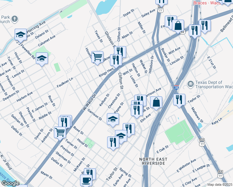 map of restaurants, bars, coffee shops, grocery stores, and more near 1228 Chestnut Street in Waco
