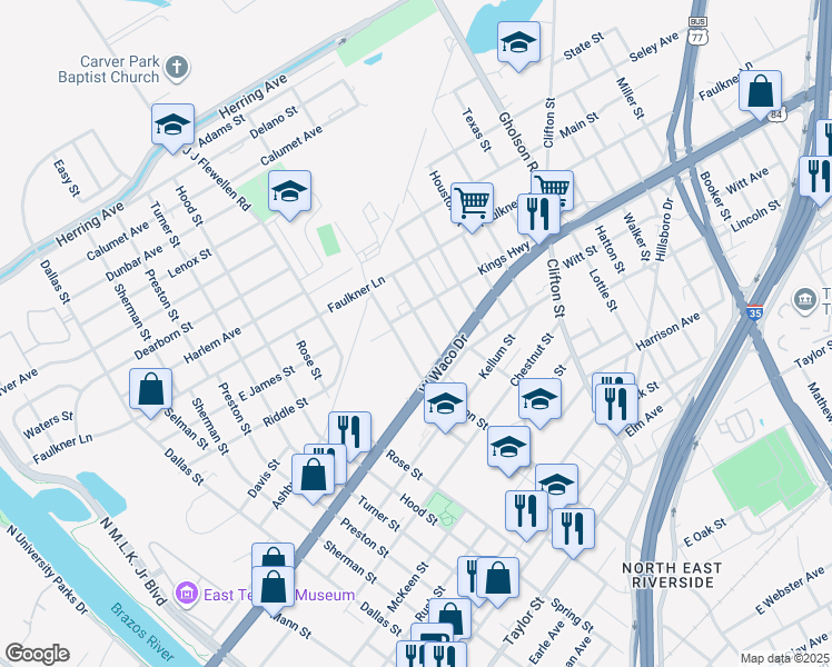 map of restaurants, bars, coffee shops, grocery stores, and more near 817 Hubert Street in Waco