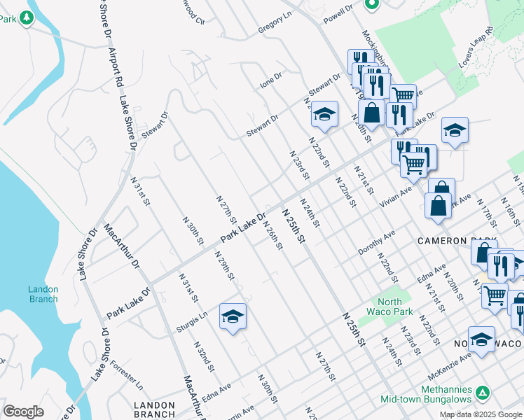 map of restaurants, bars, coffee shops, grocery stores, and more near 2525 Park Lake Drive in Waco