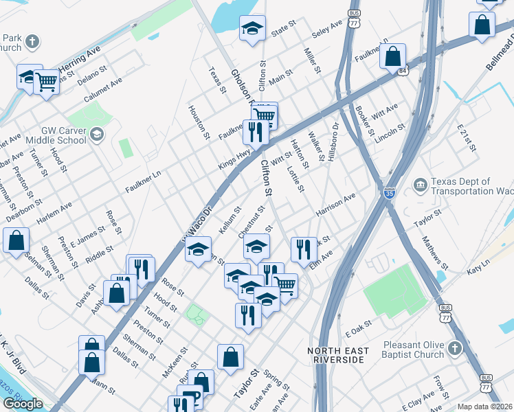 map of restaurants, bars, coffee shops, grocery stores, and more near 1228 Chestnut Street in Waco