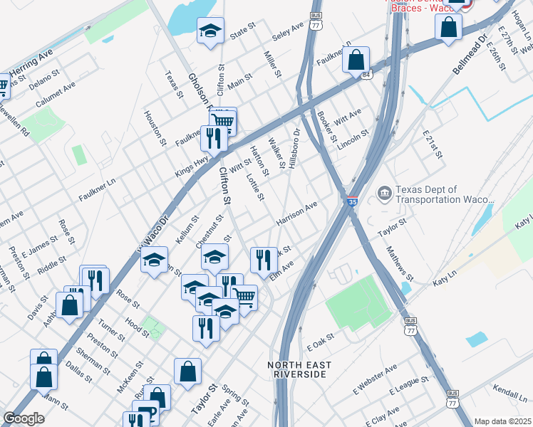 map of restaurants, bars, coffee shops, grocery stores, and more near 312 Lottie Street in Waco