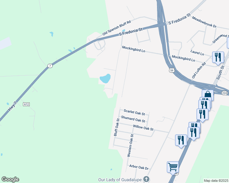 map of restaurants, bars, coffee shops, grocery stores, and more near 3409 Lake Forest Drive in Nacogdoches