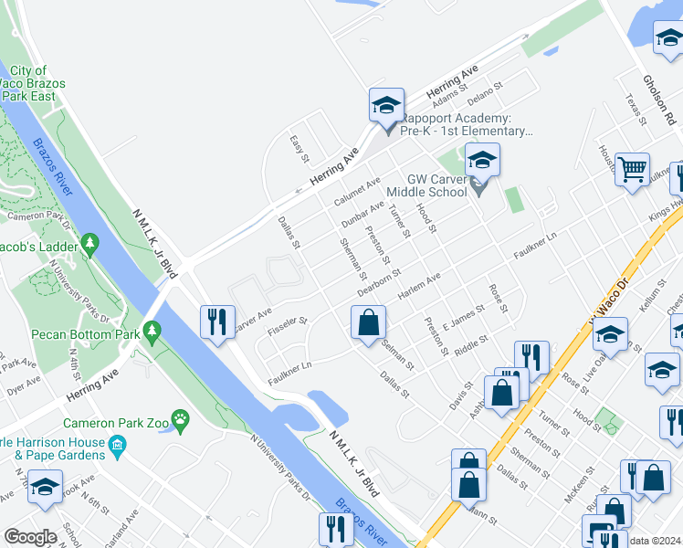 map of restaurants, bars, coffee shops, grocery stores, and more near 528 Carver Avenue in Waco