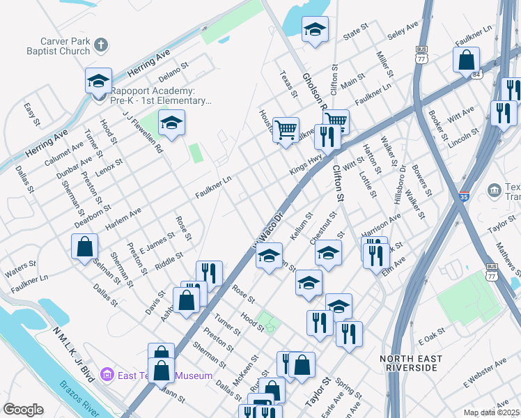 map of restaurants, bars, coffee shops, grocery stores, and more near 817 Hubert Street in Waco