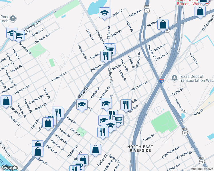 map of restaurants, bars, coffee shops, grocery stores, and more near 1228 Chestnut St in Waco