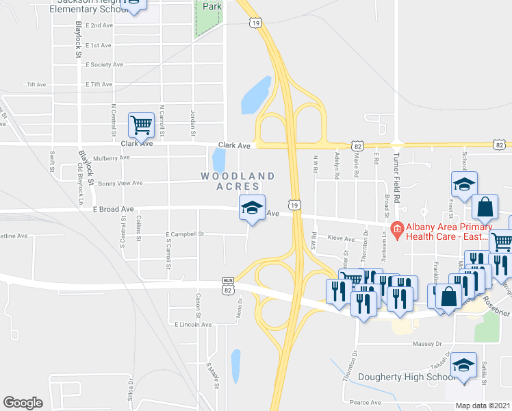 map of restaurants, bars, coffee shops, grocery stores, and more near 1538 Bridges Lane in Albany