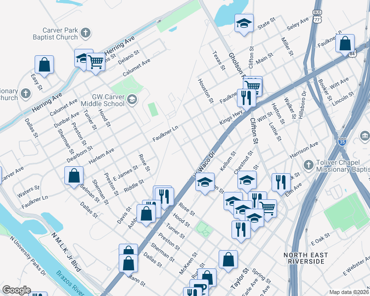 map of restaurants, bars, coffee shops, grocery stores, and more near 826 Garrison Street in Waco