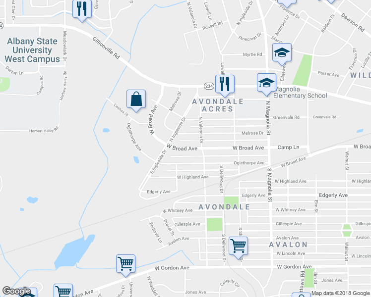 map of restaurants, bars, coffee shops, grocery stores, and more near 1911 West Broad Avenue in Albany