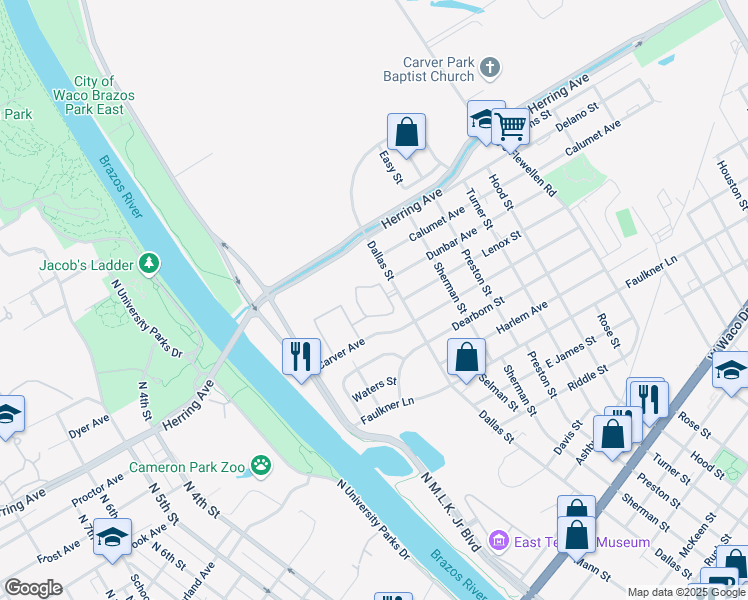map of restaurants, bars, coffee shops, grocery stores, and more near 1774 Dallas Street in Waco
