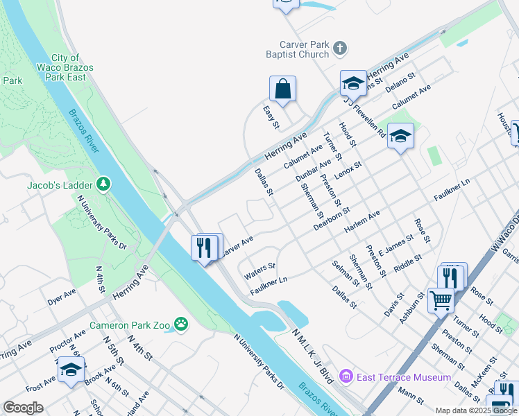 map of restaurants, bars, coffee shops, grocery stores, and more near 1774 Dallas Street in Waco